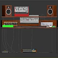 Wooden Music Production Workstation With Speakers Keyboard Mixing Gear And Audio Cables