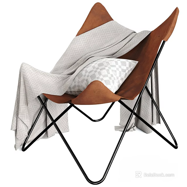 Brown Leather Accent Chair With Black Metal Frame Gray Checkered Pillow And Herringbone Blanket 3d model 