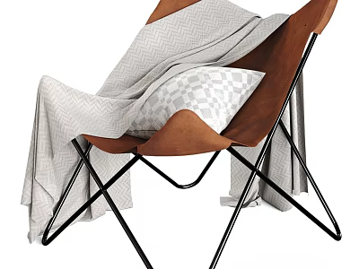 Brown Leather Accent Chair With Black Metal Frame Gray Checkered Pillow And Herringbone Blanket 3d model