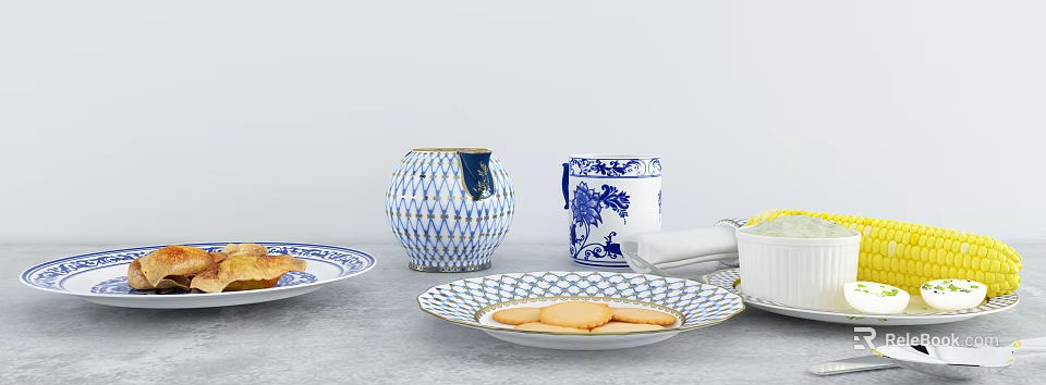 Tasty Round Cookies on Blue and White Patterned Porcelain Plates with Decorative Jars 3d model 