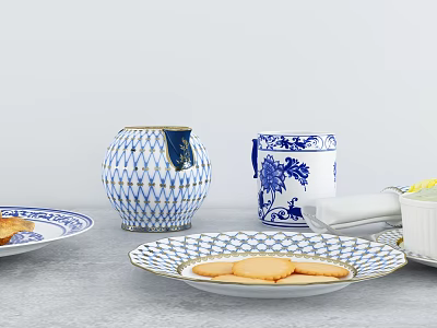 Tasty Round Cookies on Blue and White Patterned Porcelain Plates with Decorative Jars 3d model