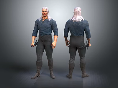 White Haired Warrior Character Front and Back View With Blue Shirt Dark Pants Holding Sword 3d model