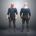 White Haired Warrior Character Front and Back View With Blue Shirt Dark Pants Holding Sword