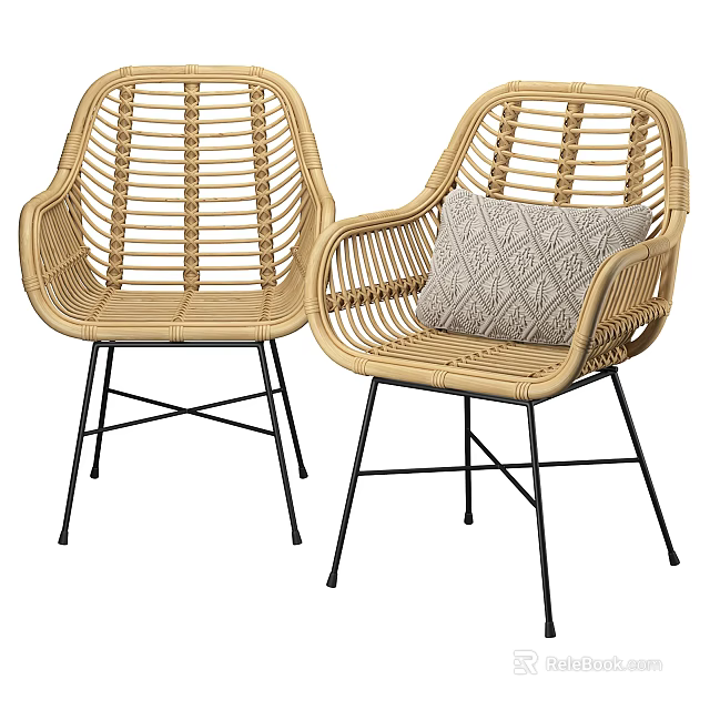 Stylish Rattan Leisure Chairs With Black Metal Legs And Geometric Pillow 3d model 
