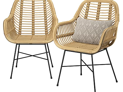 Stylish Rattan Leisure Chairs With Black Metal Legs And Geometric Pillow 3d model