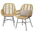 Stylish Rattan Leisure Chairs With Black Metal Legs And Geometric Pillow