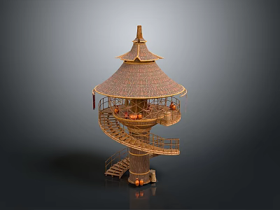 Bamboo Tower Structure With Spiral Staircase Multi Level Platforms Conical Roof And Decorative Lanterns 3d model