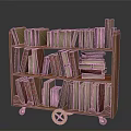 Vintage Wooden Bookcase Furniture With Multiple Shelves On Wheels Filled With Books