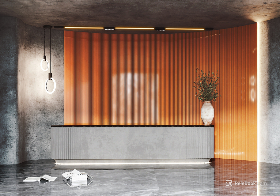 Modern Gray Reception Desk With Orange Backdrop Vase With Plant And Marble Floor Lighting 3d model 