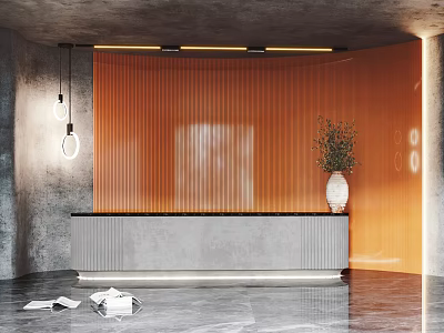 Modern Gray Reception Desk With Orange Backdrop Vase With Plant And Marble Floor Lighting 3d model