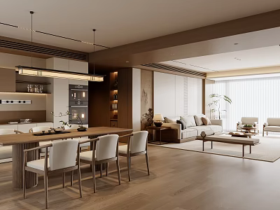 Modern Warm Open Living And Dining Room With Natural Wood Texture Cozy Home Interior Design 3d model