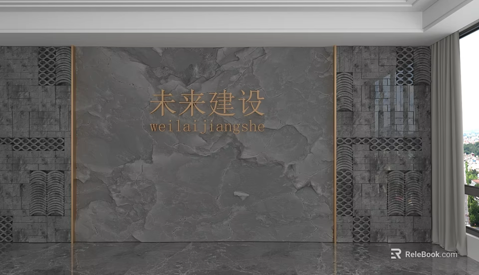 Gray Marble Background Wall With Golden Characters And Decorative Borders 3d model