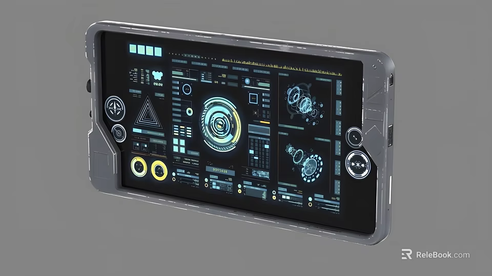 Futuristic Tablet With Advanced Tech Interface Complex Diagrams And Metal Frame 3d model 