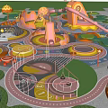 Colorful Children Playground With Slides Curved Tubes And Green Lawn Areas