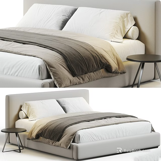 Modern Bedroom Bed With White Pillows Gray Blanket And Small Round Side Table 3d model 
