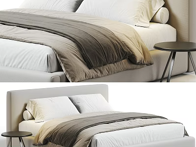 Modern Bedroom Bed With White Pillows Gray Blanket And Small Round Side Table 3d model