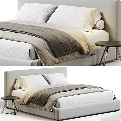 Modern Bedroom Bed With White Pillows Gray Blanket And Small Round Side Table 3d model