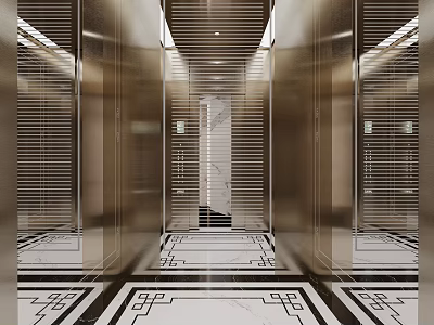 Luxurious Modern Elevator Interior With Mirrored Walls And Marble Flooring 3d model