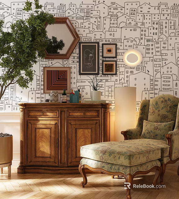 Wooden Sideboard In Cozy Living Room With Decorative Wall Art Potted Plant And Accent Chair 3d model 