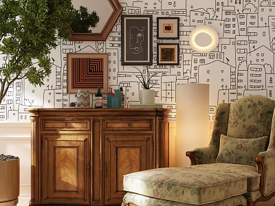 Wooden Sideboard In Cozy Living Room With Decorative Wall Art Potted Plant And Accent Chair 3d model