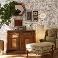 Wooden Sideboard In Cozy Living Room With Decorative Wall Art Potted Plant And Accent Chair