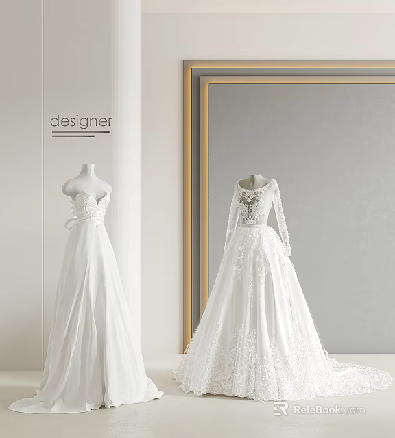 Elegant Designer Bridal Gowns With Strapless Long Sleeve Lace Tulle And Embroidered Details 3d model 