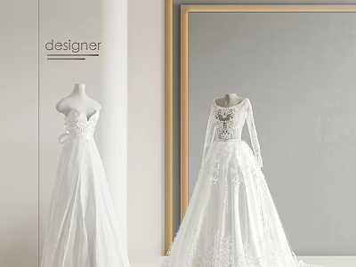 Elegant Designer Bridal Gowns With Strapless Long Sleeve Lace Tulle And Embroidered Details 3d model
