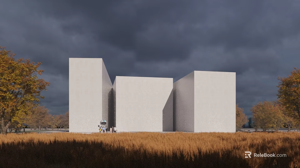 Modern White Cubic Museum Building With Dark Cloudy Sky And Grass Field 3d model 
