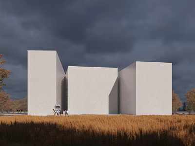 Modern White Cubic Museum Building With Dark Cloudy Sky And Grass Field 3d model