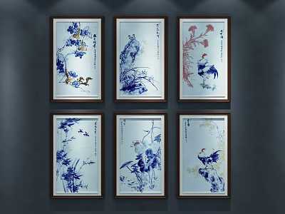 Traditional Chinese Floral Bird Paintings in Dark Frames on Gray Wall 3d model