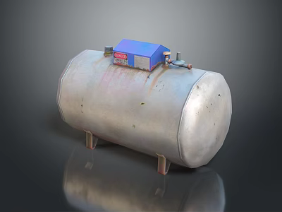 Silver Cylindrical Industrial Storage Tank With Blue Control Unit And Metal Legs 3d model