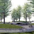 Tranquil Park Landscape With Stone Bridge Gravel Stream Tall Trees And Lush Grass