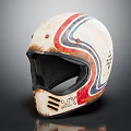 Vintage White Racing Helmet With Red Blue Stripes Worn Finish Front Vent Holes Black Lining