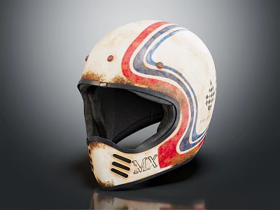 Vintage White Racing Helmet With Red Blue Stripes Worn Finish Front Vent Holes Black Lining 3d model