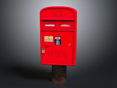 Red Post Box With Classic Design Postal Emblem Stickers And Concrete Base 3d model