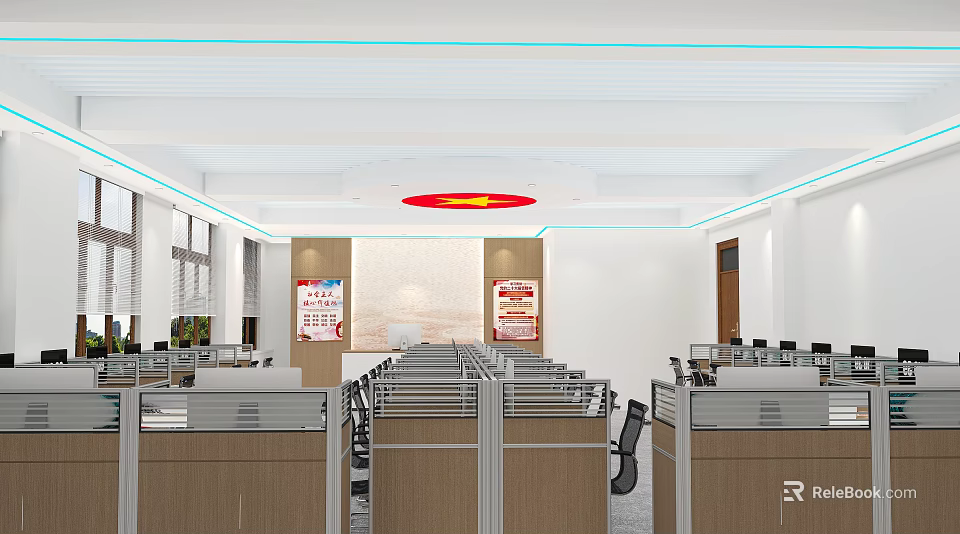School Spacious Bright Workspace with Cubicles Bulletin Boards Red Logo and Ceiling Decorations 3d model