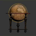 Antique Brown Globe With Detailed World Map On Carved Wooden Stand