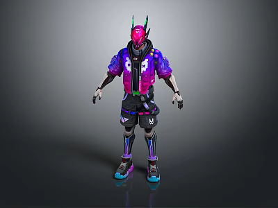 Futuristic Cyberpunk Character With Pink Helmet Green Horns Purple Jacket Black Pants And Blue Accents 3d model