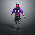 Futuristic Cyberpunk Character With Pink Helmet Green Horns Purple Jacket Black Pants And Blue Accents