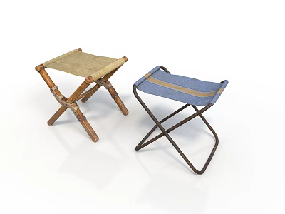 Two Foldable Stools Bamboo Metal Frames Crossed Legs Beige Blue Seats Brown Stripe 3d model