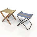 Two Foldable Stools Bamboo Metal Frames Crossed Legs Beige Blue Seats Brown Stripe