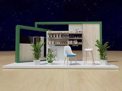 Modern Display Booth With Wooden Green Frame Shelves Bottles Jars Chairs And Green Plants 3d model