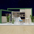 Modern Display Booth With Wooden Green Frame Shelves Bottles Jars Chairs And Green Plants