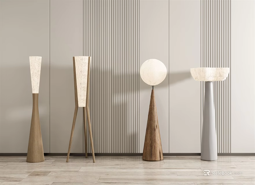 Four Modern Stylish Floor Lamps With Different Wooden Metal Base Designs In Minimalist Interior 3d model 