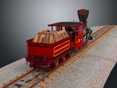 Red Steam Train With Wooden Log Loaded Carriage Traveling On Railway Tracks 3d model