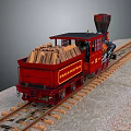 Red Steam Train With Wooden Log Loaded Carriage Traveling On Railway Tracks