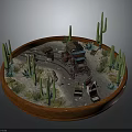 Miniature Desert Scene With Cactus Plants Old Wagon And Wooden Boxes In Round Tray