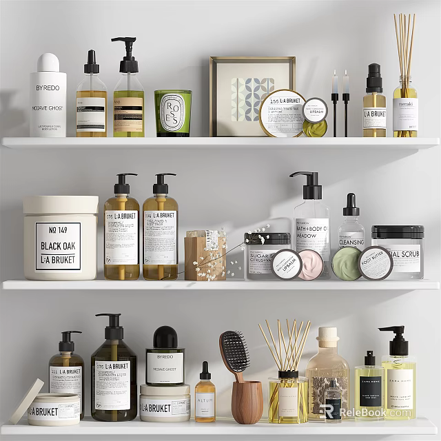 Organized Bathroom Accessories on Shelf with Bottles Jars Soap and Brushes 3d model