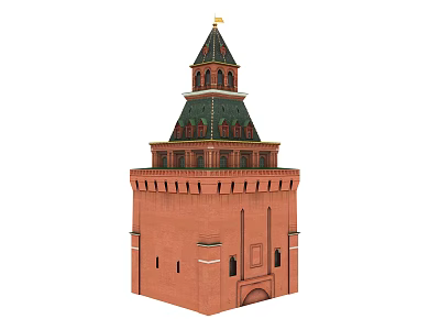 European Architecture Red Brick Tower With Green Spire Golden Ornament And Arched Doorway 3d model