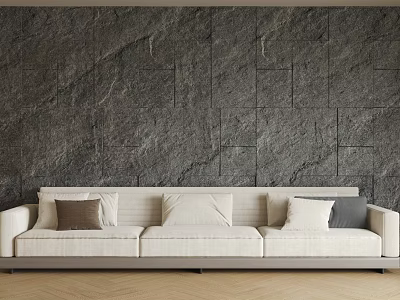 Beige Sectional Sofa Against Gray Stone Wall With Light Wooden Floor Brown White Gray Cushions 3d model